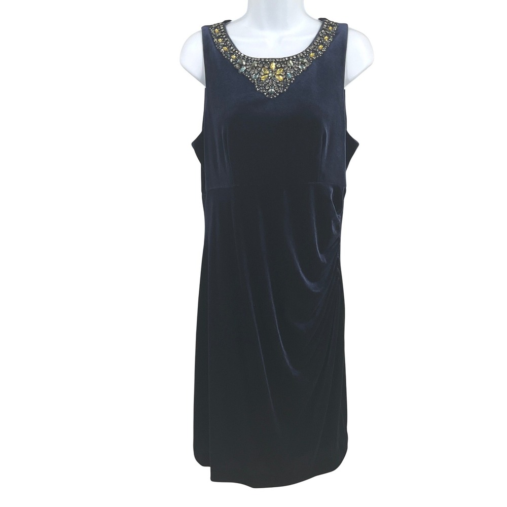 Eliza J Sheath Dress Womens 12 Navy Blue Velvet Beaded Neckline Cocktail Elegant